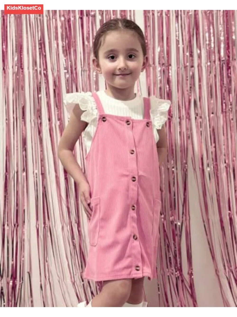 Toddler Girl Butterfly Sleeve Tee Corduroy Button Down Overall Dress Set 2-Piece